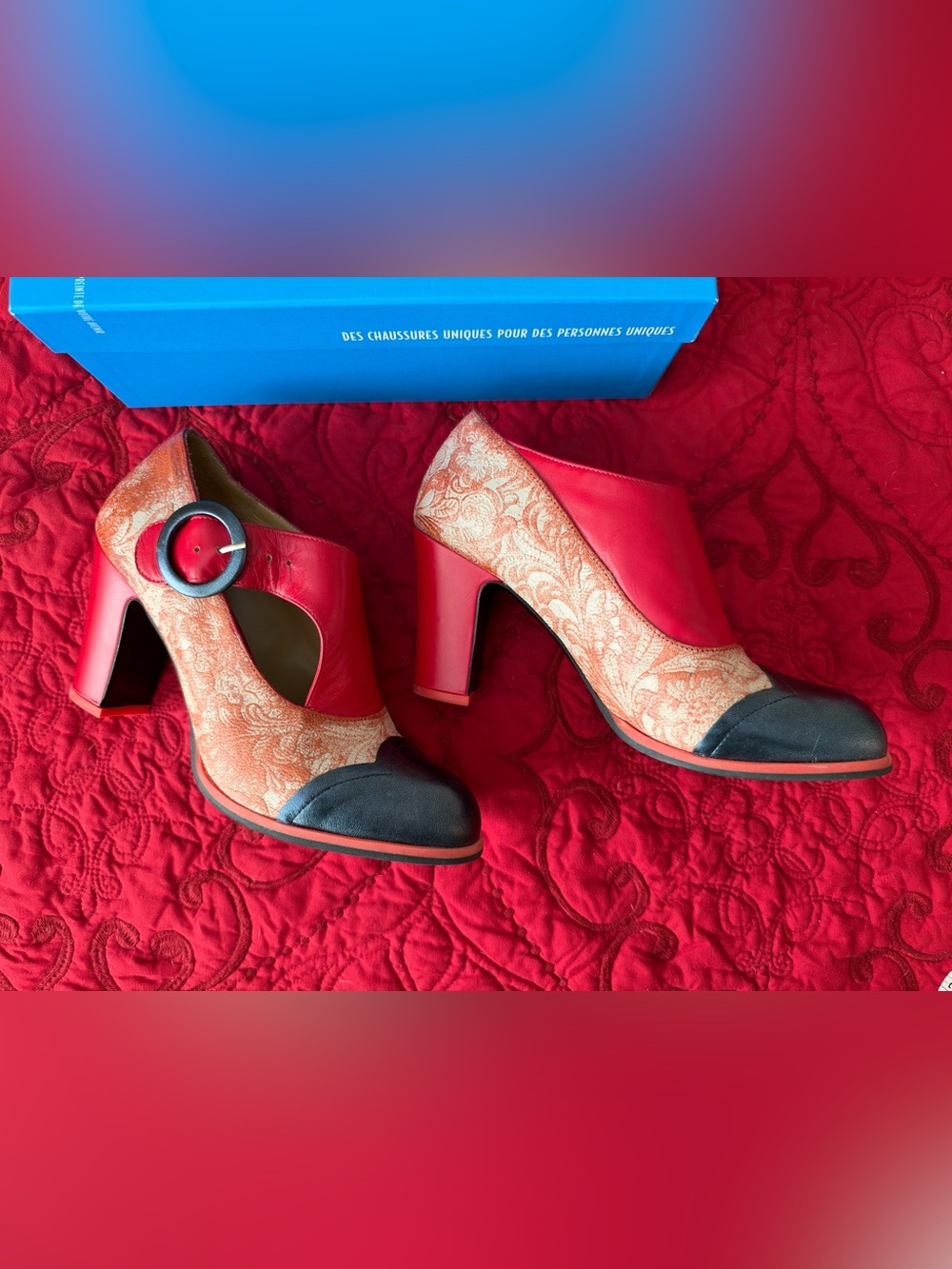 John Fluevog Attic Joyce Red Paisley Monk Strap Heels Size 9.5 w/ Box - Picture 6 of 8